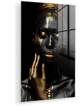 MuchoWow® Peinture sur verre 80x120 cm - Peinture sur verre - Femme - Abstrait - Zwart - Or - Portrait - Photo sur verre acrylique - Décoration murale salon - Décoration murale chambre - Peintures