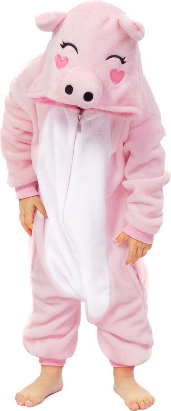 KIMU Onesie Varken Pakje - Maat 116-122 - Varkenspak Kostuum Roze Big Pak - Zwijn Kinderen Jumpsuit Pyjama Huispak Jongen Meisje Fleece Sinterklaas Kado