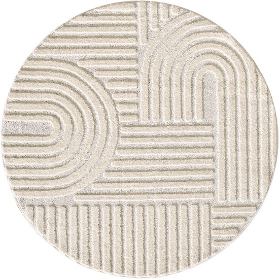 Tapis Hangar Japandi ART - Tapis Rond Boho - Scandinave - Poils Ras Uni - Crème - 200 CM ROND