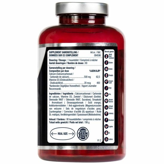 Achterkant van de fles. Toont 'Supplement Samenstelling' en ingrediëntenlijst. Lucovitaal Calcium & D3 800IE, 90 kauwtabletten.