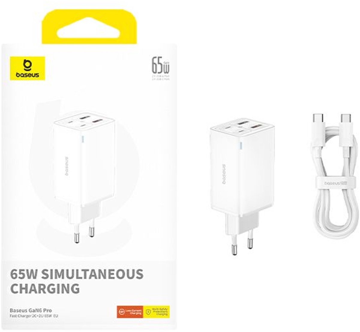 Baseus GaN6 65W USB-C/USB Snellader + 100W USB-C Kabel 1M Wit