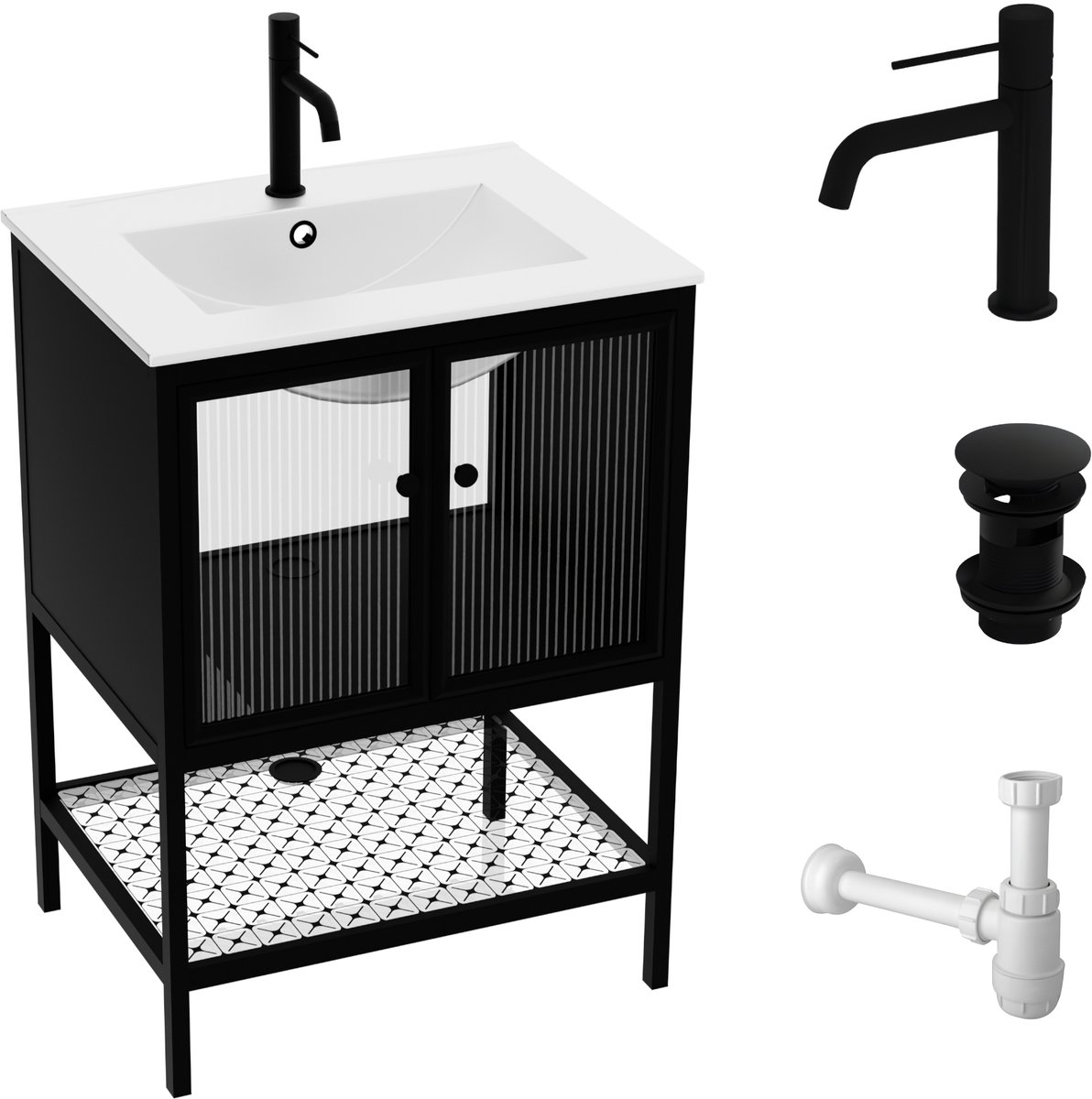LAVITA® Badkamermeubelset AUSTIN 600x460x850 Zwart met Wastafel - Wastafelkraan ORION Zwart Matt - Pop-Up Afvoerplug - Sifon MCALPINE 1 1/4"x32mm - Badkamermeubel Modern ontwerp