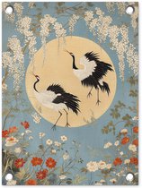 Affiche de jardin 30x40 cm - Décoration de jardin Grues - Lune - Fleurs - Blauw - Affiche pour le jardin - Décoration extérieure - Tableau de jardin clôture - Décoration murale en tissu de jardin - Décoration murale en tissu de balcon