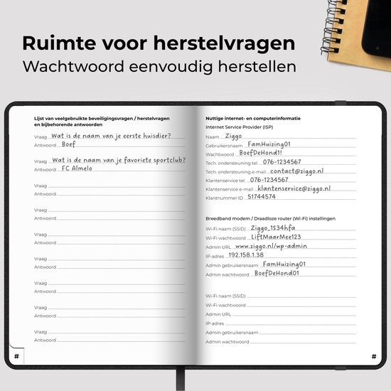 Bladzijde met velden voor beveiligingsvragen en internetinstellingen, met de tekst "Ruimte voor herstelvragen" en "Nuttige internet- en computerinformatie".