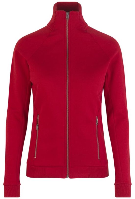 Rode dames vest met rits en hoge kraag. De vest heeft twee steekzakken met rits.