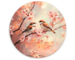 WallCircle® Wandcirkel 60x60 cm - Muurcirkel Vogels - Romantic - Bloesemtak - Muurdecoratie woonkamer - Wanddecoratie slaapkamer - Kamer decoratie accessoires - Ronde schilderijen