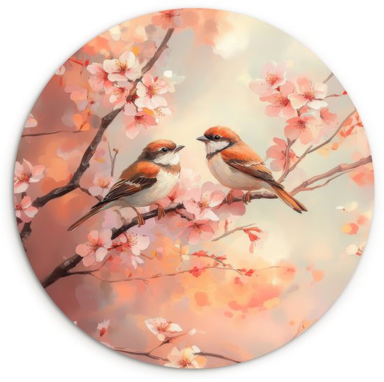 WallCircle® Wandcirkel 60x60 cm - Muurcirkel Vogels - Romantic - Bloesemtak - Muurdecoratie woonkamer - Wanddecoratie slaapkamer - Kamer decoratie accessoires - Ronde schilderijen