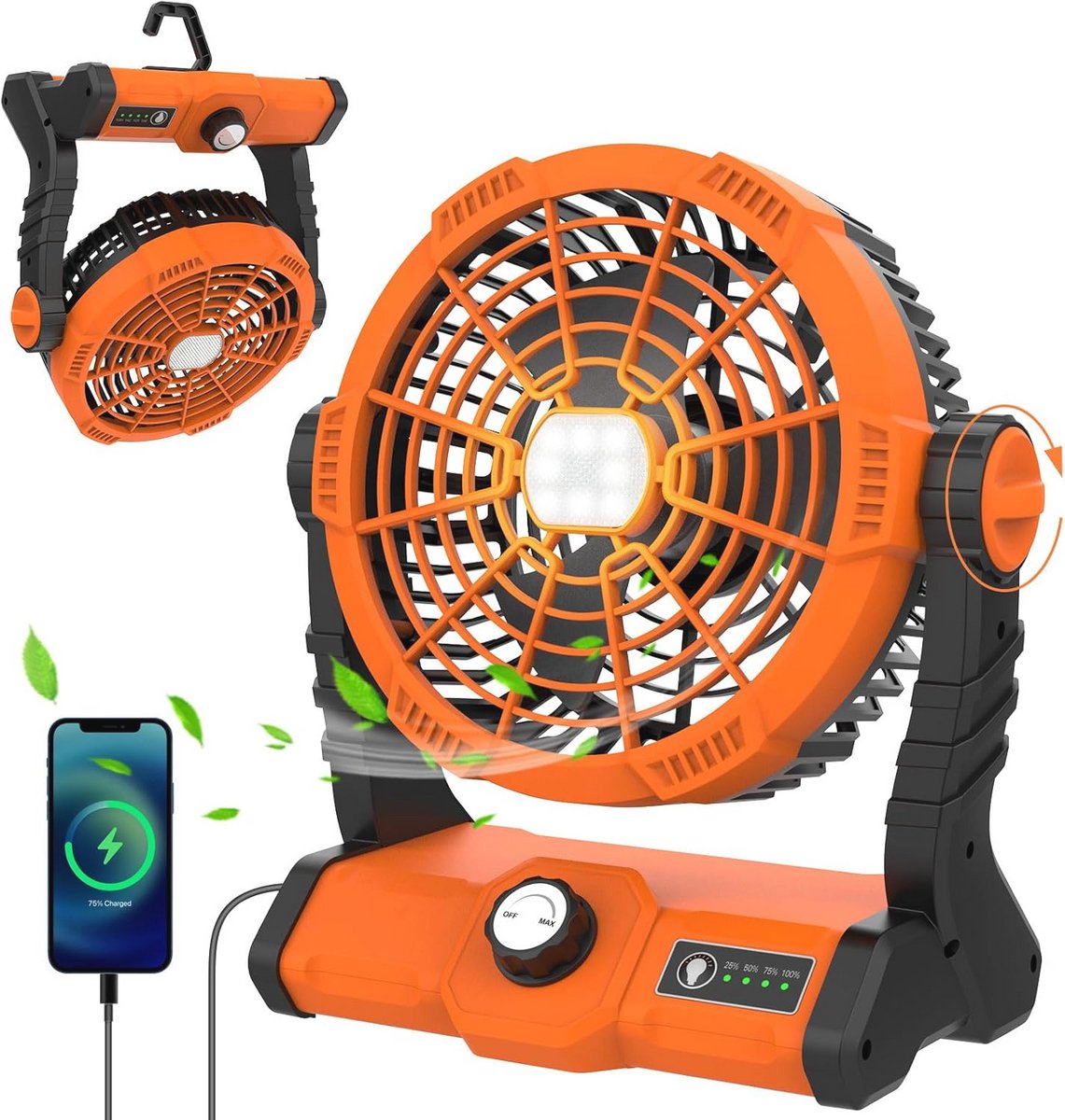 Draagbare Campingventilator met Accu en Licht - 8400 mAh Outdoor Ventilator voor Slaapkamer, Tafel, Thuis, Kantoor en Tent