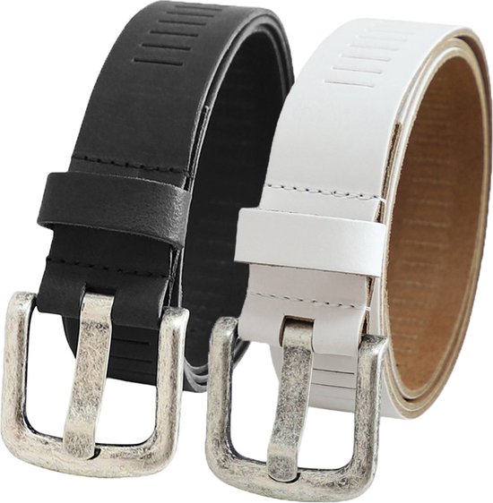 Landley Leather Perforated Ceintures Value Set - Duo pack avec 2 ceintures - Largeur 4 cm - Femme et Homme - Cuir véritable - Zwart et Wit - Longueur totale 115 cm / Taille de ceinture 95