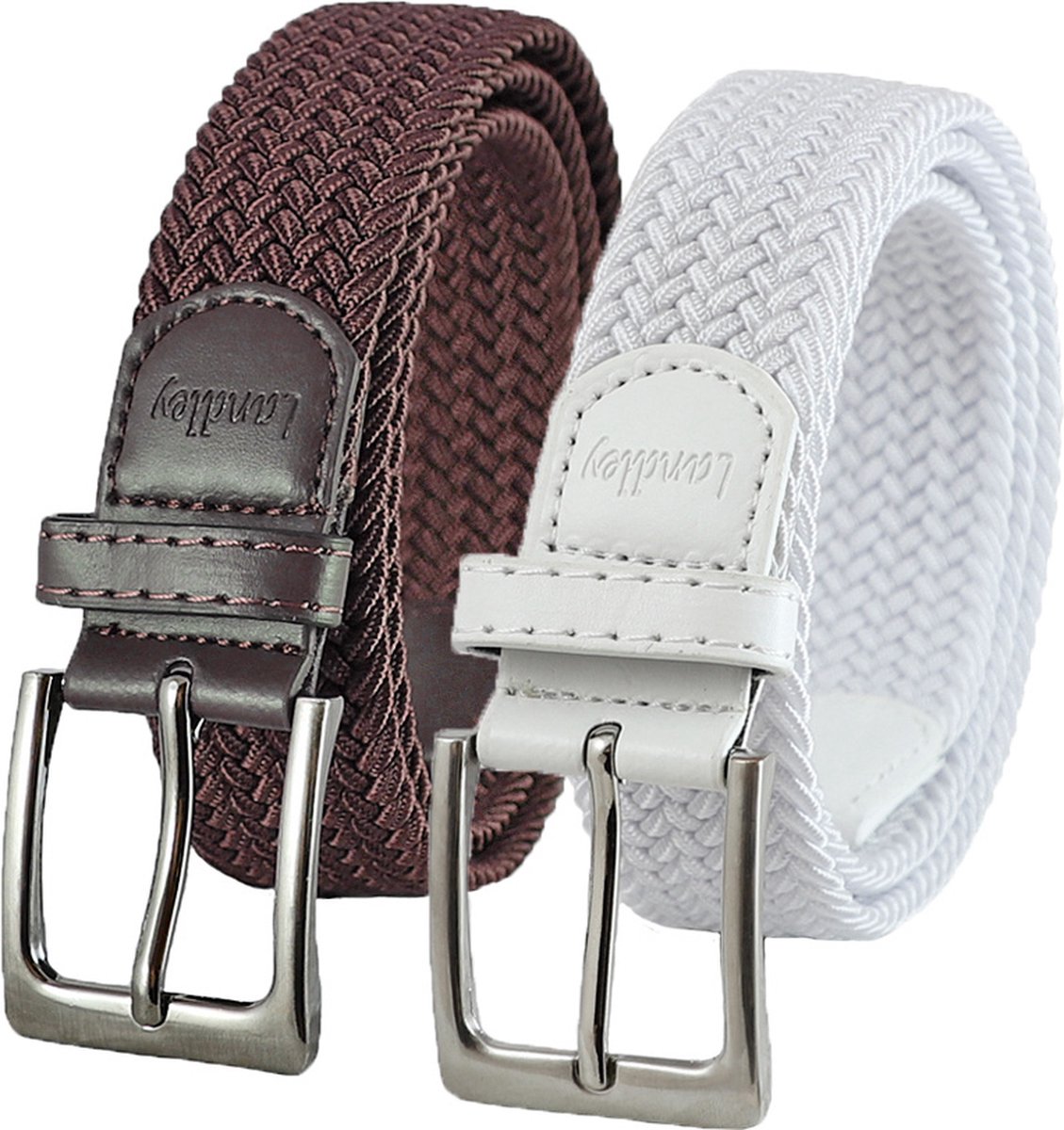 Landley Elastische Gevlochten Stretch Riemen Duopack - Voordeelset met 2 riemen - Dames en Heren - Bruin en Wit - Lengte totaal 130 cm / Riemmaat 115