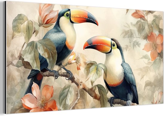 Aluminium schilderij 120x60 cm - Wanddecoratie metaal - Toekan - Vogels - Bloemen - Tak - Metalen muurdecoratie woonkamer - Decoratie industrieel - Foto op dibond - Industriële accessoires slaapkamer