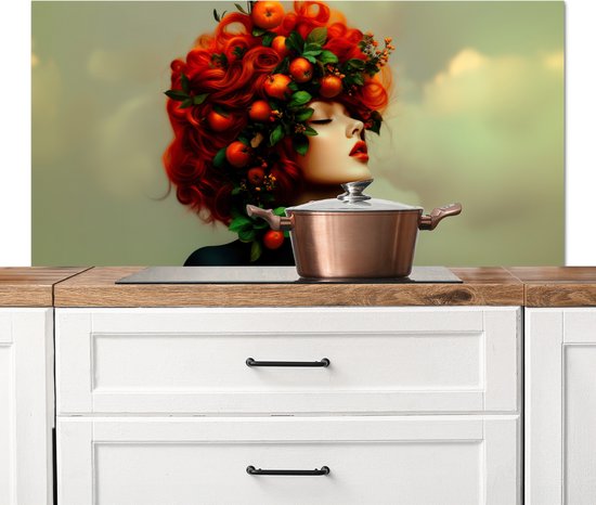 Crédence de Cuisinière en Aluminium 120x60 cm - Femme - Pommes - Rouge - Feuilles - Écran Pare-éclaboussures pour Plaque de Cuisson - Protection Murale