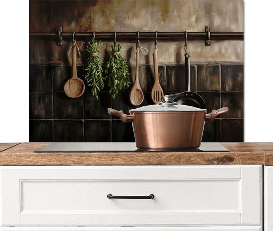 Crédence de Cuisinière en Aluminium 90x60 cm - Ustensiles de cuisine - Rustique - Carreaux - Épices - Écran Pare-éclaboussures pour Plaque de Cuisson - Protection Murale