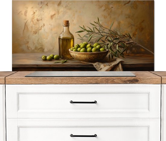Crédence de Cuisinière en Aluminium 100x50 cm - Olives - Nature morte - Vintage - Écran Pare-éclaboussures pour Plaque de Cuisson - Protection Murale