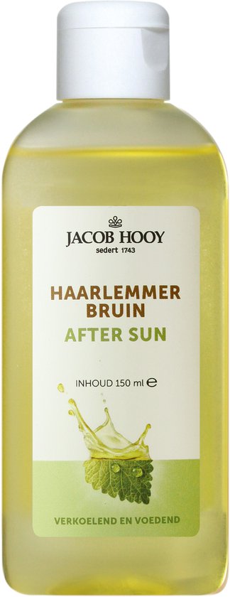 Jacob Hooy haarlemmerbruin after sun olie. Gele vloeistof met groene en witte label met afbeelding van muntblaadje en spat.