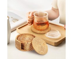 Stijlvolle Set van 6 Ronde Rattan Onderzetters met Houder voor Woon- en Kantoorruimte