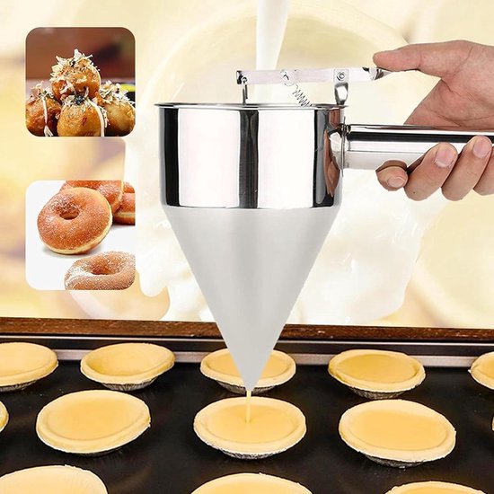 Deegtrechter, deegdispenser, doseerfles voor deeg, roestvrij staal, keukengereedschap voor pannenkoekendeegdispenser, voor gebak, bakkerijen (zilver