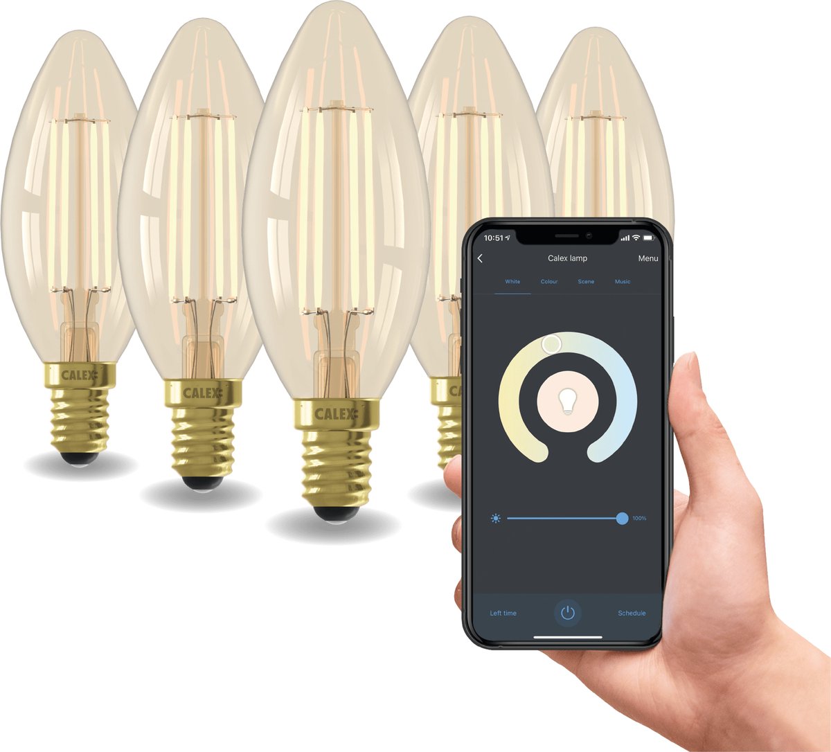 Calex Slimme Lamp - Set van 5 stuks - Wifi LED Filament Verlichting - E14 - Smart Kaars Lichtbron Goud - Dimbaar - Warm Wit licht - 4,9W