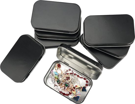 8 zwarte kleine metalen blikjes, kleine blikjes met deksel, metalen
