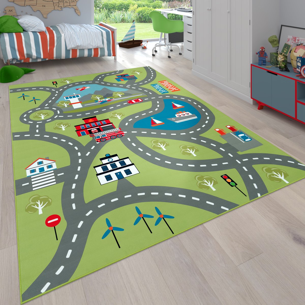 flycarpets Binola Kindervloerkleed Groen / Grijs - 100x200 cm - Speelkleed / Speelmat Auto - Laagpolig Vloerkleed Kinderkamer