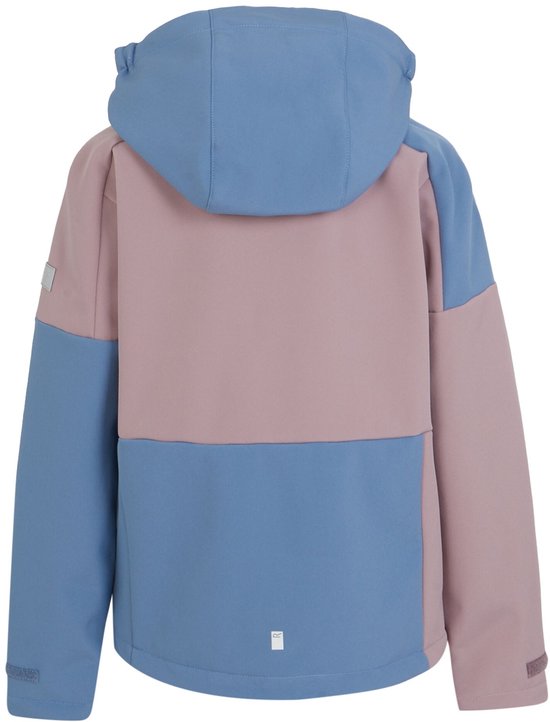 Kinderjack in roze en lichtblauw met colorblock design en capuchon, van achteren gezien.