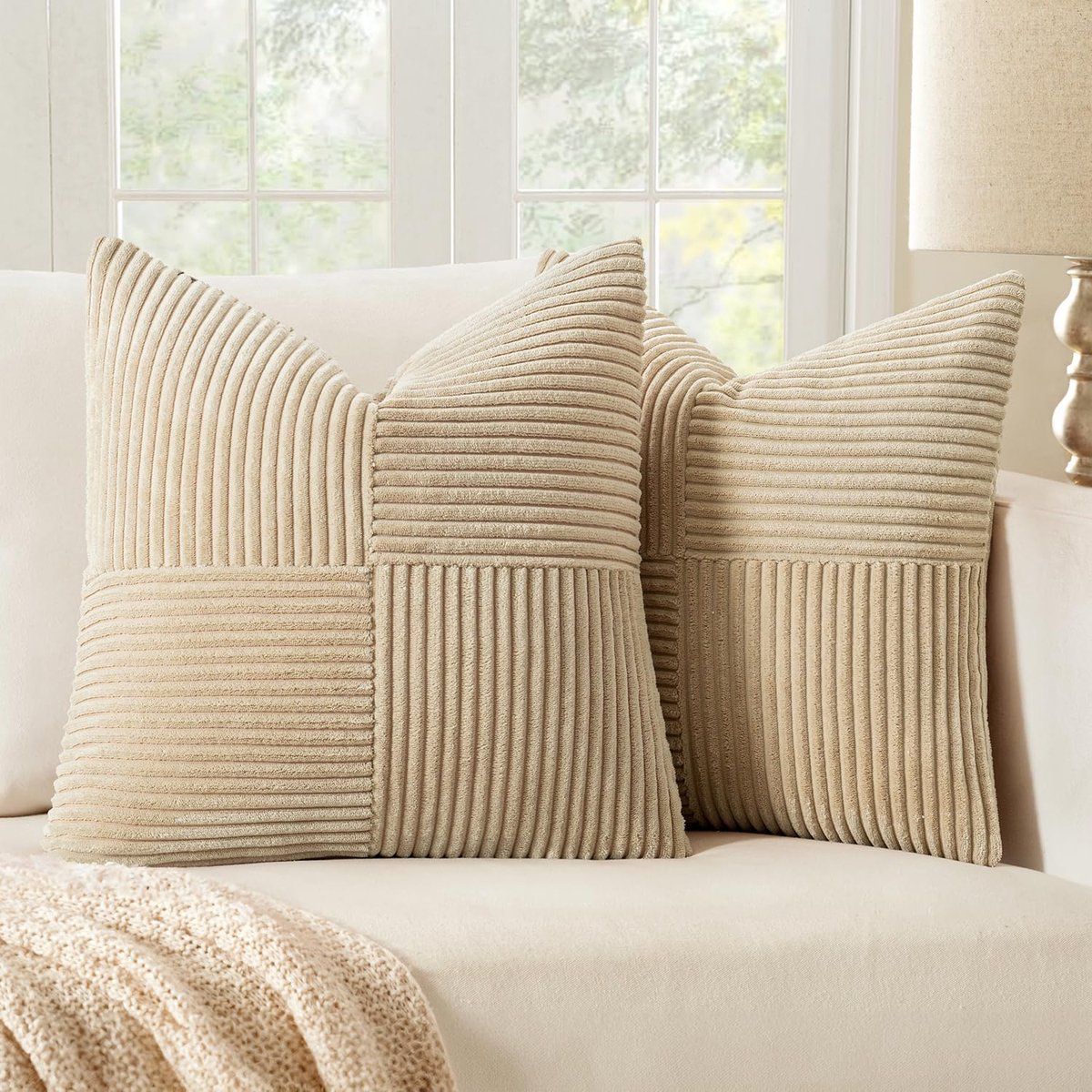 My Ninki ® Set van 2 Corduroy Kussenhoezen in Crèmegeel voor Boho en Modern Interieur Decoratie