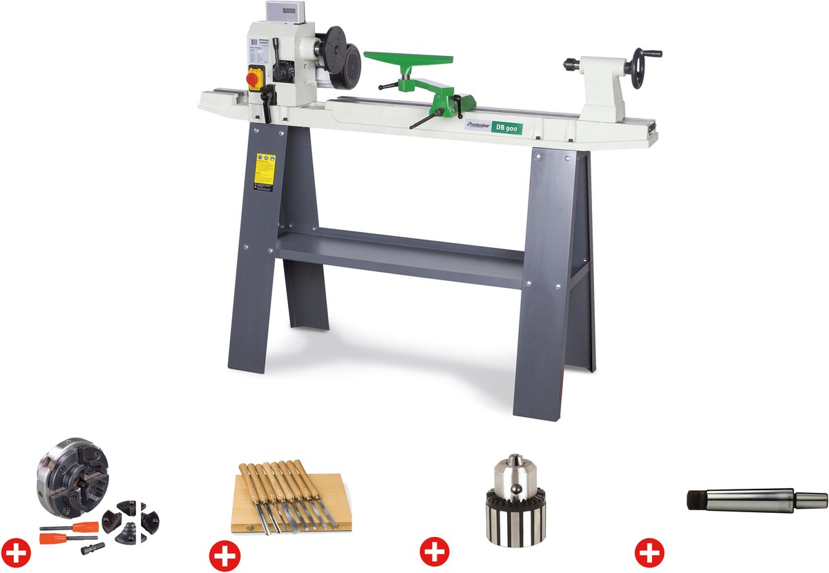 Pack houtdraaibank 306x900mm + klauwplaat 4 bekken dia. 100mm + 8 dlg draaibeitels + boorkop + boorkopstaart Holzstar DB900 PACK