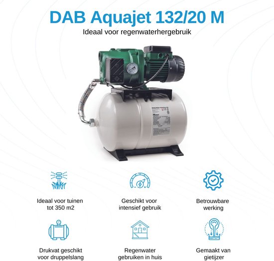 DAB Aquajet 132/20 M Hydrofoorpomp / Tuinpomp - Met Drukvat - 4800l/h - 1490W - Voor Tuinberegening van Merkloos — afbeelding 4