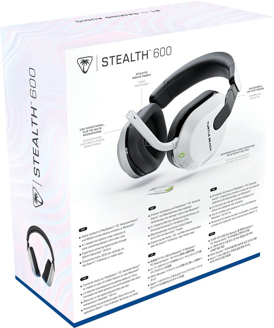 Verpakking van de witte Turtle Beach Stealth 600 gaming headset met afbeelding van de headset en productinformatie.