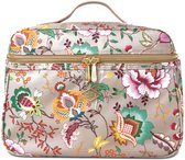 Bruine toilettas met veelkleurige bloemen, ritsen en een goudkleurig Oillily logo hangertje.