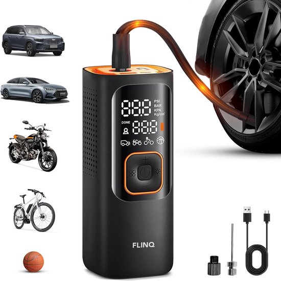 FlinQ Draagbare Compressor - Luchtcompressor - Elektrische Bandenpomp voor Fiets en Auto - Fietspomp USB-oplaadbaar - 12V