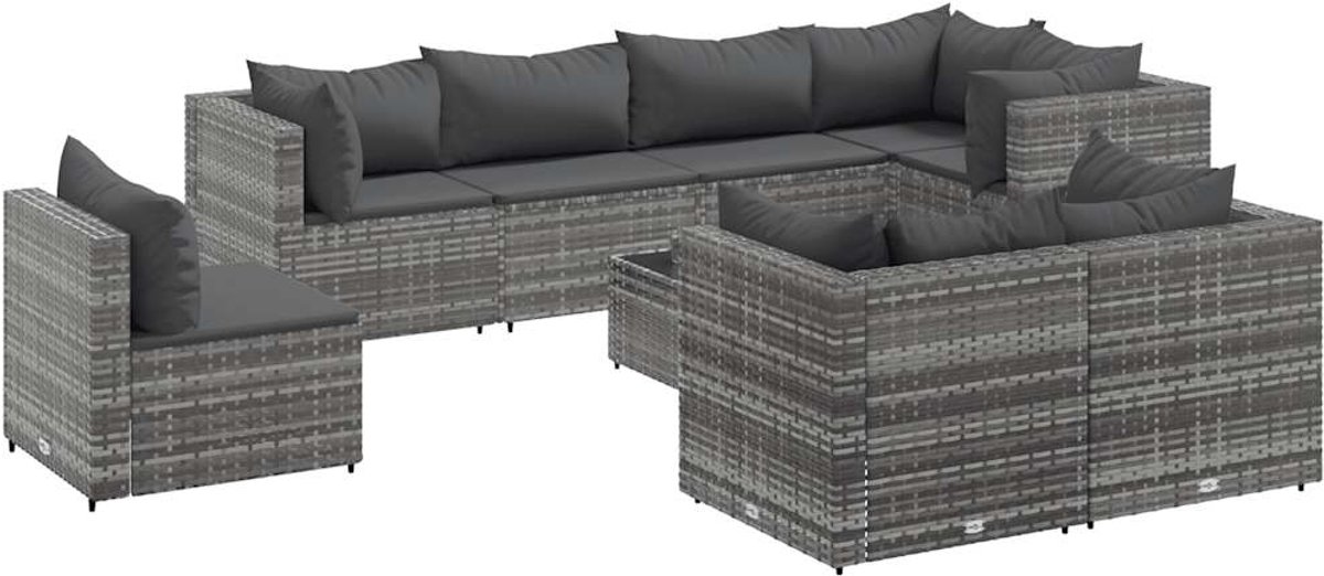 The Living Store 9-delige Loungeset met kussens poly rattan grijs - Loungeset - Lounge Set - Buitendecoratie - Tuinmeubels - Pe Rattan