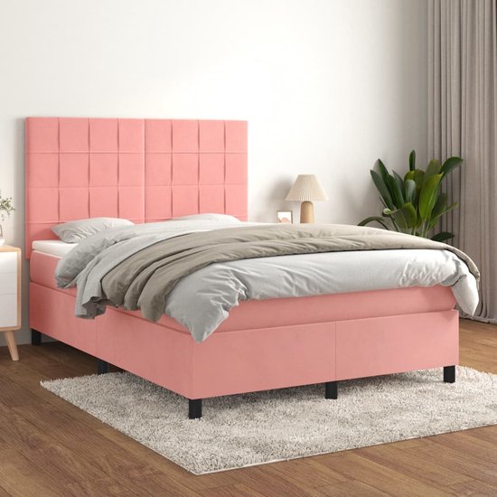 vidaXL Boxspring avec matelas Velours Rose 140x190 cm - Boxspring - Sommiers - Lit - Meubles de couchage