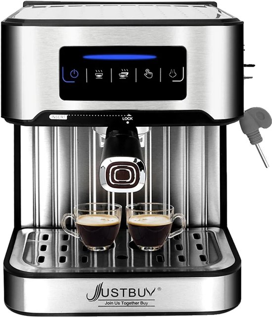 Zilverkleurige espressomachine met twee kopjes koffie, digitale bediening en melkopschuimer.
