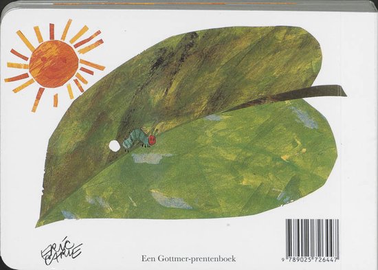 Een groene rups met een rode kop kruipt op een groot groen blad onder een oranje zon.