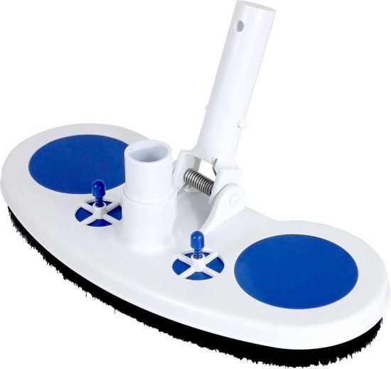 Witte zwembadreiniger met blauwe accenten en borstels.
