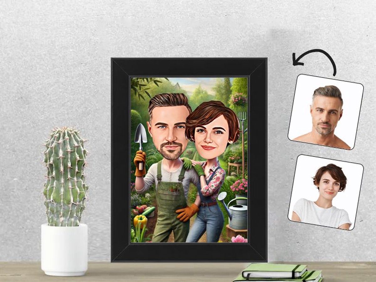 Tuinieren Karikatuur - Vrolijk Stel in een Groen Paradijs - Gepersonaliseerde Karikatuur Fotolijst 13x18 cm - Gepersonaliseerd Cadeau - Met Jouw Foto - Verjaardag - Kerst - Valentijn - Uniek en Handgemaakt - Cadeau - Verjaardag - Kerst - Kado - Valen