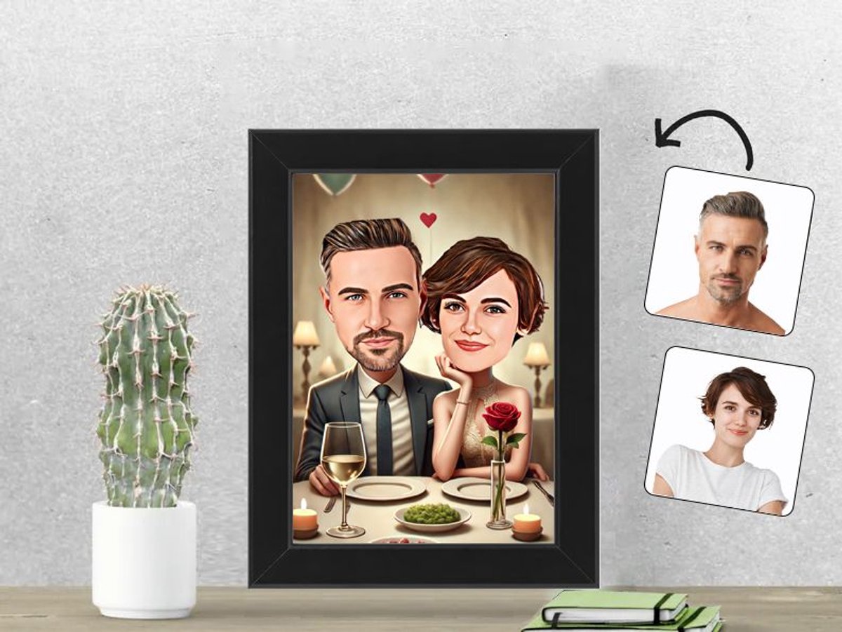 Intiem Diner in een Gezellige Restaurantsfeer - Gepersonaliseerde Karikatuur Fotolijst 13x18 cm - Gepersonaliseerd Cadeau - Met Jouw Foto - Verjaardag - Kerst - Valentijn - Uniek en Handgemaakt - Cadeau - Huwelijk - Moederdag - Vaderdag - Jubileum -