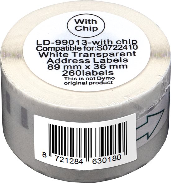 Imprimante d'étiquettes Dymo Compatible 550 étiquettes - Transparent - 99013 - S0722400 - Étiquettes d'adresse - 3 rouleaux - 36 x 89 mm - 260 étiquettes par rouleau