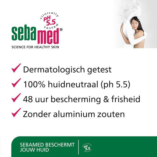 Sebamed tekst met vinkjes: Dermatologisch getest, 100% huidneutraal (pH 5.5), 48 uur bescherming & frisheid, Zonder aluminium zouten.
