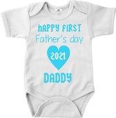 Vaderdag cadeau rompertje-Happy first father's day 2021-wit-blauw-korte mouw-Maat 56