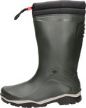 Groene Dunlop laars met zwarte gewatteerde kraag en koordsluiting.