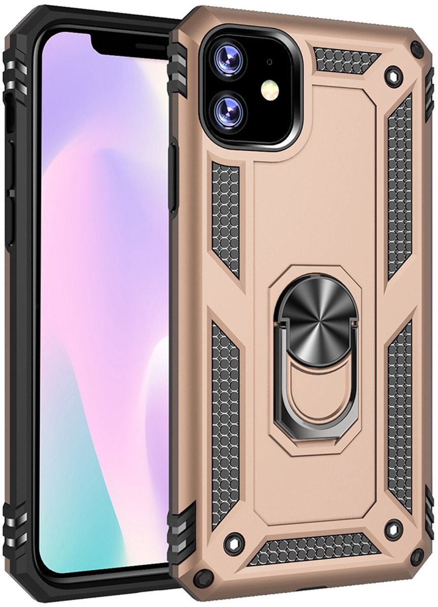 Ntech hoesje Geschikt voor iPhone 11 Armor Ringhouder TPU - Goud