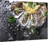 Oesters op zwarte tafel - Foto op Plexiglas - 90 x 60 cm