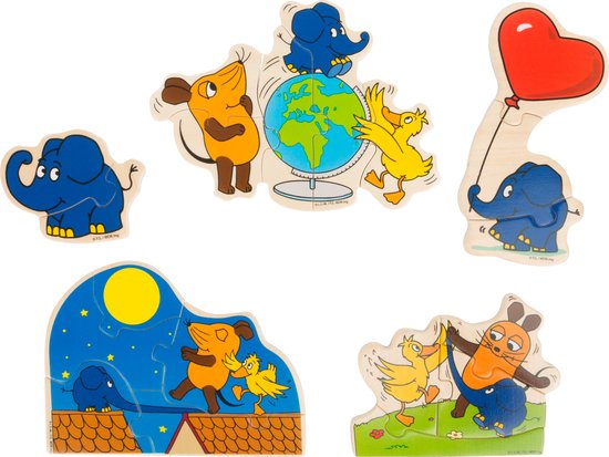 Houten puzzelbox met de kleine olifant en de muis - 5 puzzeltjes