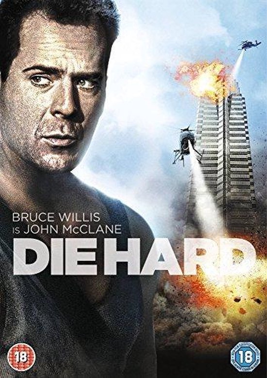 Filmposter van Die Hard met Bruce Willis als John McClane, een wolkenkrabber in vlammen en een helikopter.