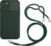 Sliding Camera Cover Design TPU-beschermhoes met kaartsleuf en nekkoord voor iPhone SE 2020/8/7 (diepgroen)