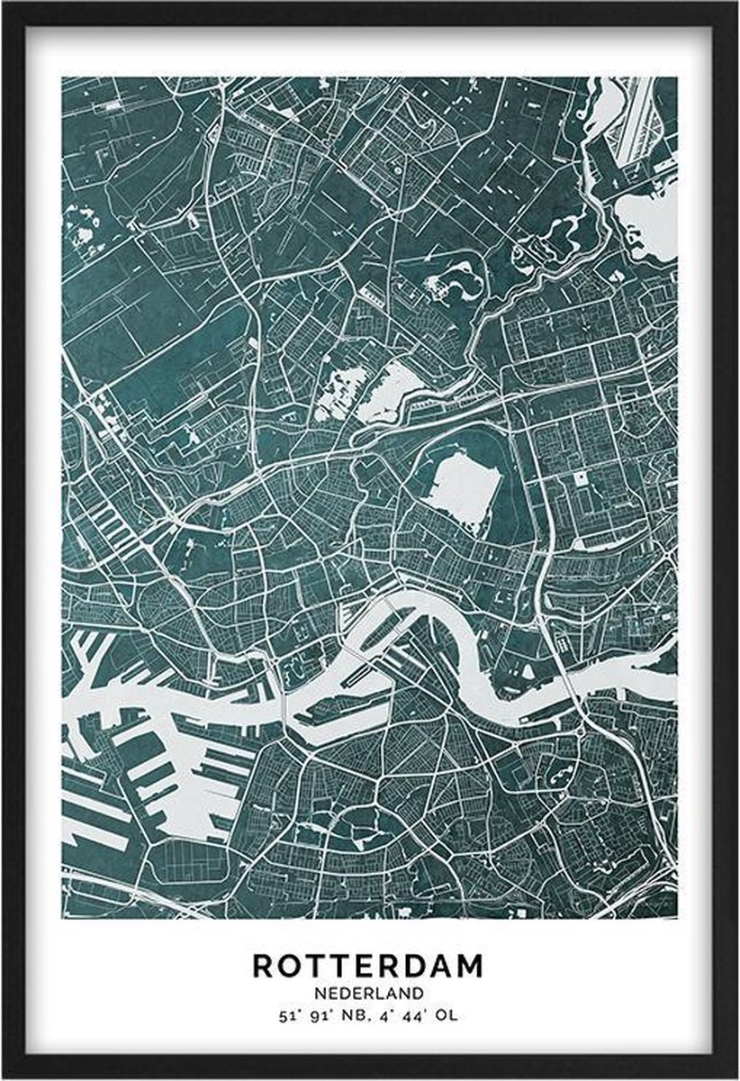 Poster Stad Rotterdam - A2 - 42 x 59,4 cm - Inclusief lijst (Zwart Aluminium)  - Stadskaart / Plattegrond - Citymap Rotterdam - Plaatsnaam Poster