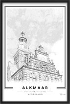Poster Historisch Stadhuis Alkmaar - A3 - 30 x 40 cm - Inclusief lijst (Zwart MDF)