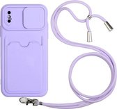 Sliding Camera Cover Design TPU-beschermhoes met kaartsleuf en nekkoord voor iPhone X / XS (paars)